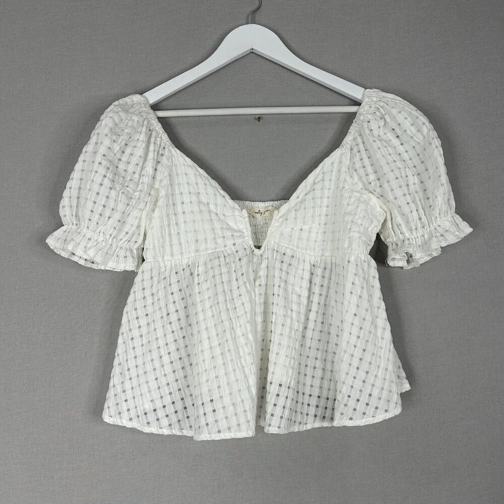 Molly Green Womens Top Medium White Structured Check Puff Blouse Babydoll Girlie